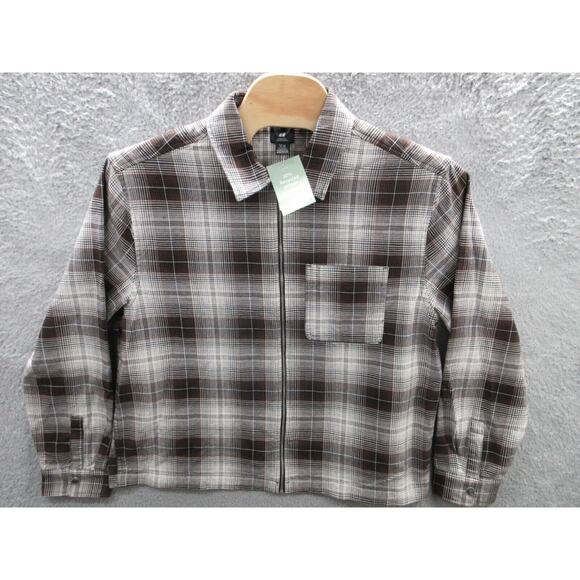 NWT H&M Shirt Jacket Mens Brown White Plaid Full Zip Loose Fit Shacket Size XXL